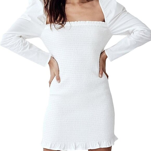 Aritzia Wilfred Maelys Dress in Mocha Smocked Ruffle Trim Size Medium - Picture 9 of 11